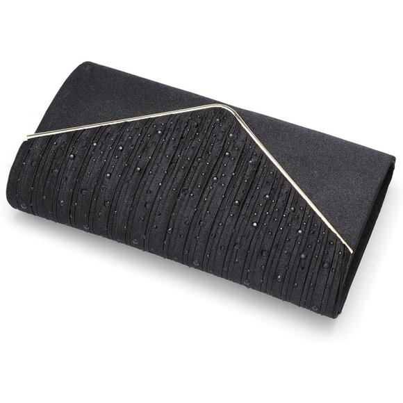 ⚡  Women's Evening Rhinestones Envelope Style Chain Strap Black Clutch Handbag - Picture 4 of 6